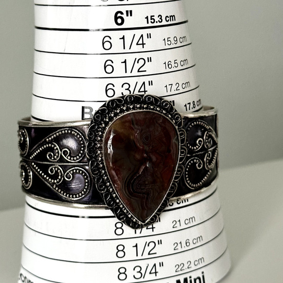 Vintage 925 Sterling Silver Huge Agate Filigree Scroll Wide Chunky Cuff Bracelet - Picture 13 of 15